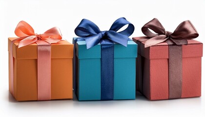Obraz premium Three colorful gift boxes with ribbon bows, isolated on white background.