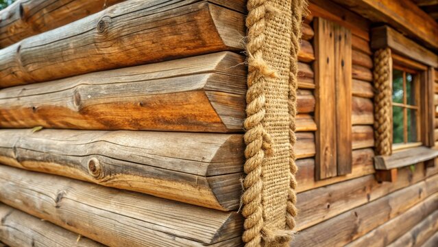 Wooden house corner sealed with oakum or natural hemp, showcasing traditional craftsmanship and durability