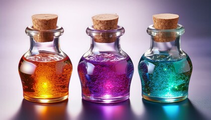 Three colorful potion bottles with cork stoppers, filled with sparkling liquid.