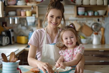 Young mother preparing a nutritious meal for her children, cozy kitchen, medium shot, vibrant ingredients, sense of care, practical parenting, family warmth,