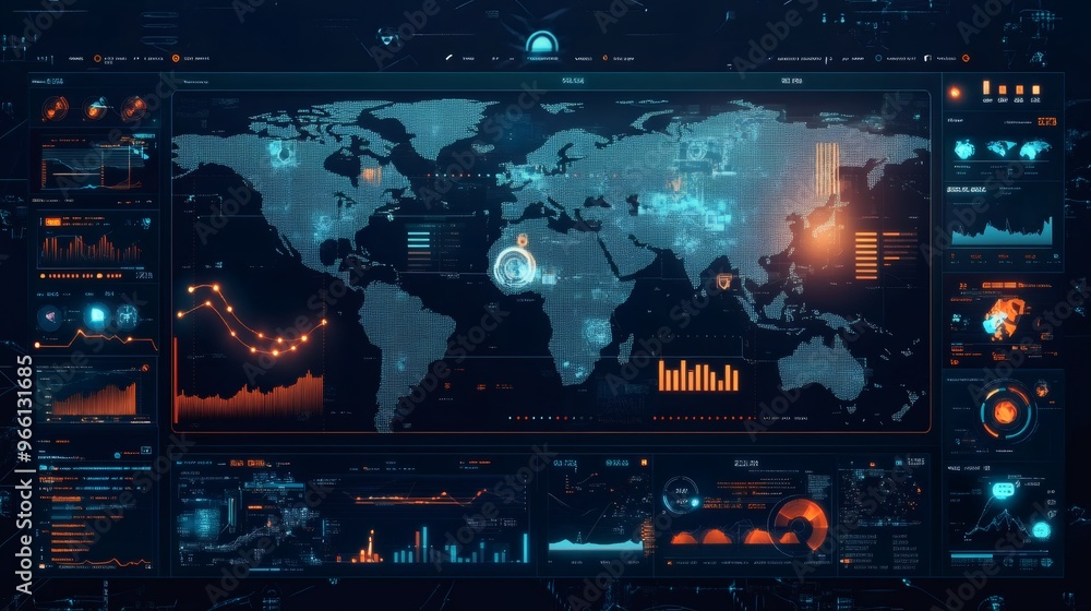 Aufkleber futuristic digital interface with a world map, charts, graphs, and data visualizations.