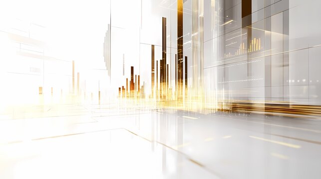 a white and gold corporate background with futuristic trading graphs projecting