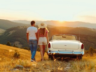 Young couple pushing a vintage car up a hill, scenic countryside, medium shot, warm sunset glow, teamwork, sense of nostalgia, rolling landscape,