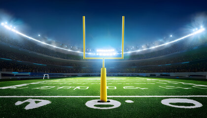 American football arena with a yellow goal post, a grass field, and blurred fans in the background. 3D render. Stadium floodlights. Concept of outdoor sports, football, championship, match, and game 