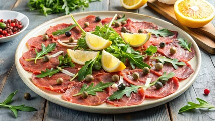 Fresh beef carpaccio topped with capers, parmesan, arugula, lemon, and olive oil