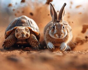 Obraz premium A wise old tortoise and a hare with a foolish grin, both mid-race, capturing the essence of patience vs. impulsivity