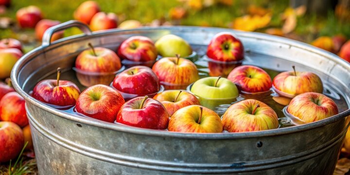 Closeup of water filled metal tub with apples for Halloween apple bobbing