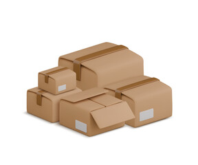 Vector cartoon 3d boxes pile illustration. Cute stack of cardboard packages with shadow on white. Realistic 3d warehouse packaging, storage, relocation, carton parcel transportation concept.