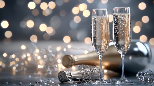 Elegant Sparkling Lights and Champagne, Discuss a sophisticated celebration background featuring sparkling lights and champagne flutes.