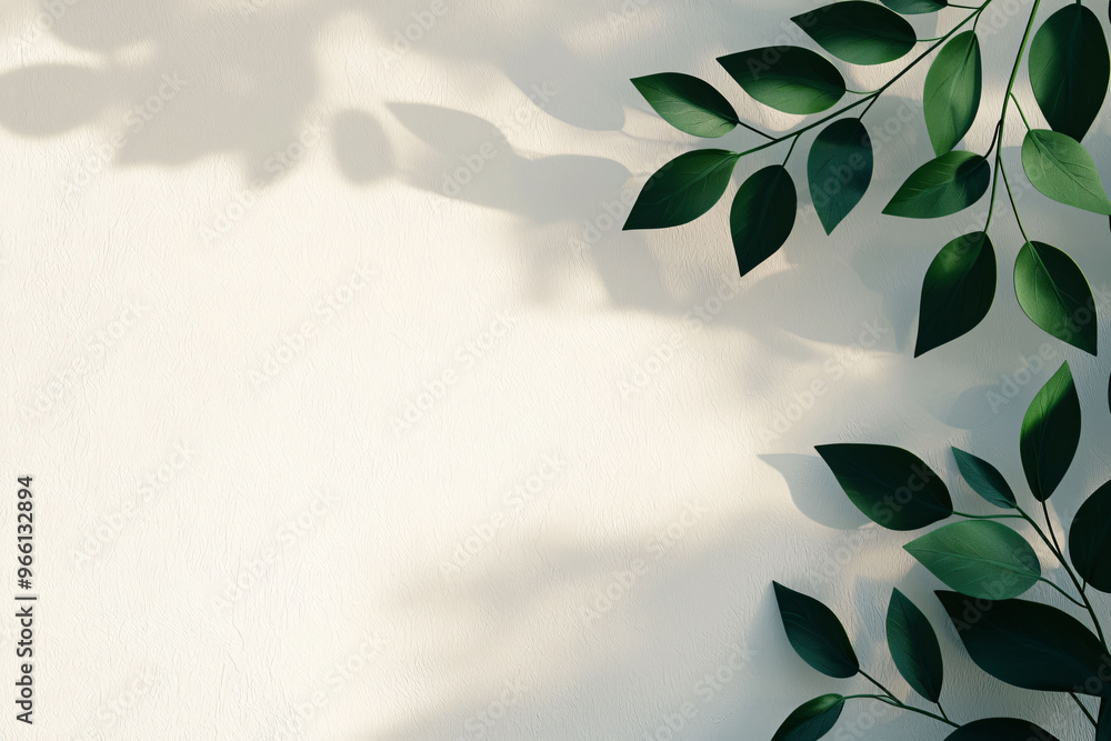 Poster delicate foliage casts soft shadows on light backdrop, creating serene and calming atmosphere. this 
