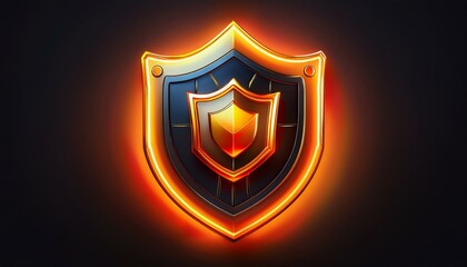 Vibrant 3D Neon Light Shield Icon in Orange and Yellow Hues, Isolated on Black Background, Symbolizing Cybersecurity and Protection in Modern Technology