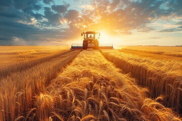 Fototapeta premium A tractor is driving through a field of golden wheat