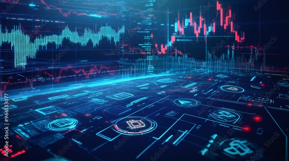 Aufkleber futuristic digital interface with cryptocurrency icons and data charts.