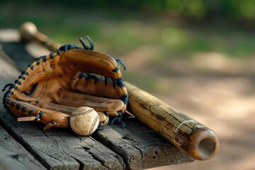 A vintage baseball bat and glove displayed on an old wooden bench