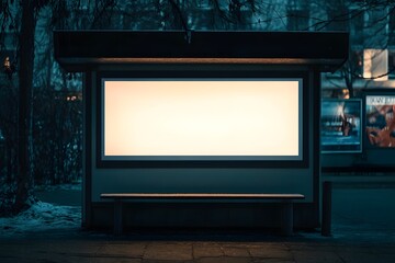 Illuminated Billboard with Bench in a Snowy Night Setting