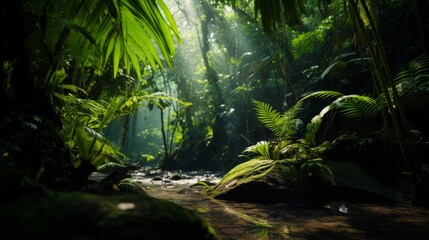 Tropical jungles of Southeast Asia with green wild plants. Neural network ai generated art