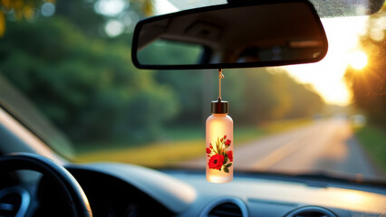 Hanging air freshener attached to a rearview mirror, providing fragrance for the car interior
