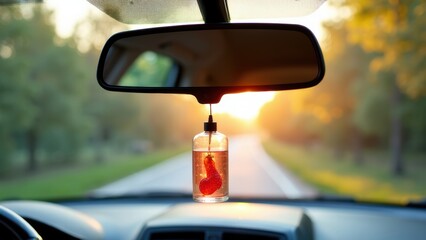 Air freshener emitting fragrance, hanging from a car's rearview mirror inside a vehicle
