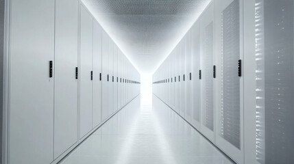 A large data center with rows of white server cabinets. These servers are powered by advanced cloud computing and supercomputers, used for training artificial intelligence.