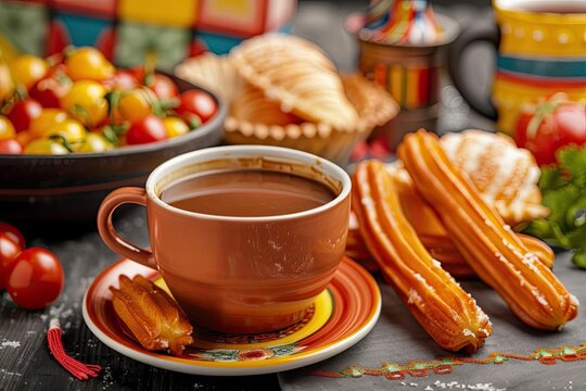 A vibrant Mexican cafe scene with a rich cafe de olla served alongside churros and conchas, with bright, colorful tiles and traditional Mexican decor in the background