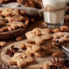 Fototapeta premium Nut cookies, walnut biscuits, butter cookies, crackers pile in shape of flowers, snowflakes, stars, round shortbread