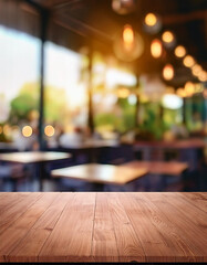 Empty wooden table in cafe setting ideal for product display featuring blurred bokeh background creating abstract for bar restaurant or coffee shop interior space for celebration business or lifestyle