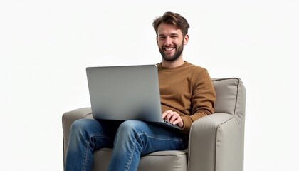 Smiling young man working with laptop on beanbag chair near white wall