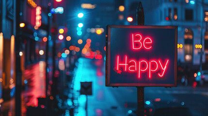 Bright be happy LED sign glowing on a rainy street