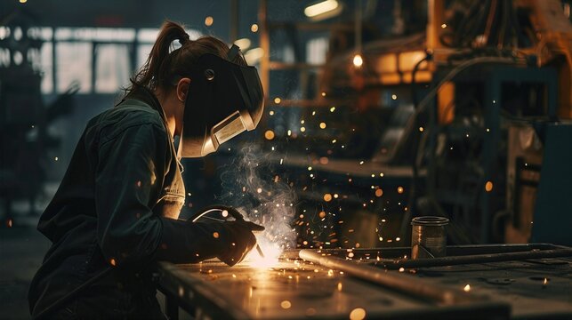 Female welder skillfully working on a metal project in a workshop
