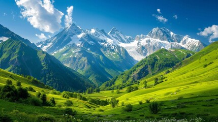 Obraz premium A mountain landscape with green valleys and snow-capped peaks under a clear, bright summer sky