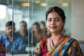 Traditional woman in office space with modern and cultural contrast