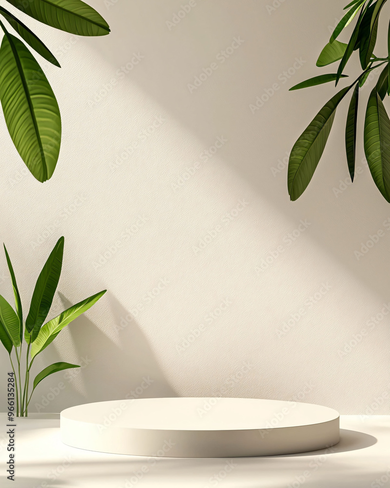 Poster a serene and minimalist scene featuring circular platform surrounded by lush green plants and soft l