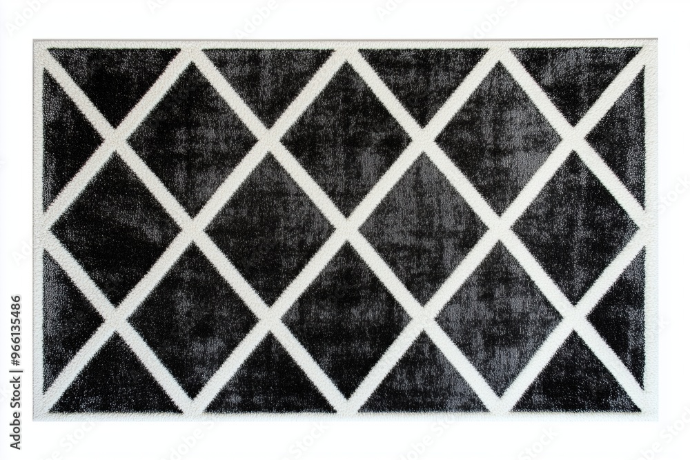 Poster a modern area rug featuring a geometric diamond pattern in black and white. the design consists of l