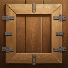 Wooden frame with hinges and a square opening.