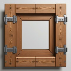 Wooden frame with hinges and a square opening.