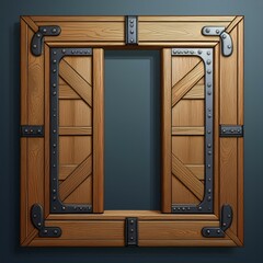 Wooden frame with hinges and a square opening.