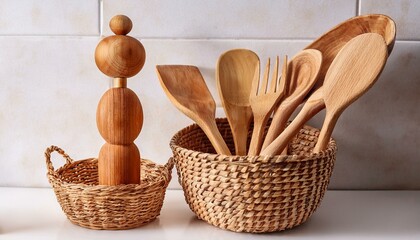 Wooden kitchen utensils and a decorative wooden figure in woven baskets.