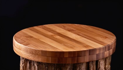Wooden stand with a round top and bottom, perfect for displaying small items. Isolated on a black background.
