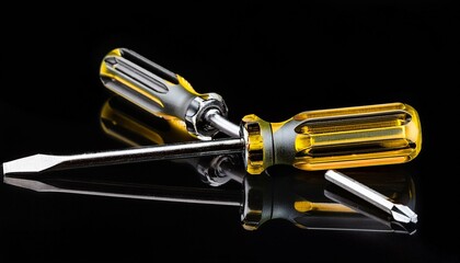 Yellow and silver screwdriver isolated on black background.