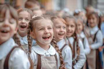 Obraz premium Happy schoolchildren in school uniforms against the background of school