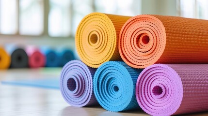 A stack of colorful yoga mats rolled up and ready for a school fitness class