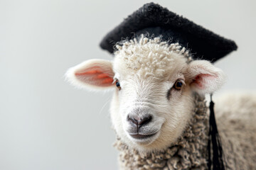 Fototapeta premium White lamb in a black graduation cap with tassel on a light background, symbolizing graduation event, education and academic achievements, soft lighting, close-up, funny and cute animal