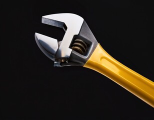 Yellow wrench isolated on black background. Industrial tool for tightening and loosening nuts and bolts.