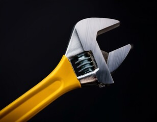 Yellow wrench isolated on black background. Industrial tool for tightening and loosening nuts and bolts.
