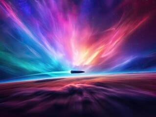 A spaceship arriving on a distant planet, greeted by alien landscapes, while another ship departs, leaving trails of cosmic dust