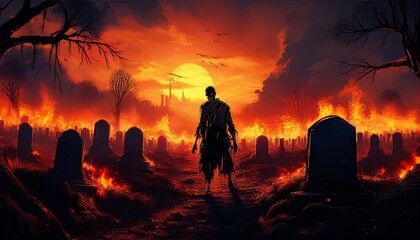 Zombie Apocalypse in Burning Cemetery Under Fiery Sky, Eerie Digital Art Depiction of Undead Wanderer in Post-Apocalyptic Graveyard at Dusk
