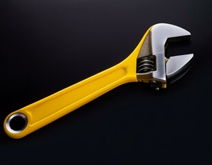 Yellow wrench isolated on black background. Industrial tool for tightening and loosening nuts and bolts.
