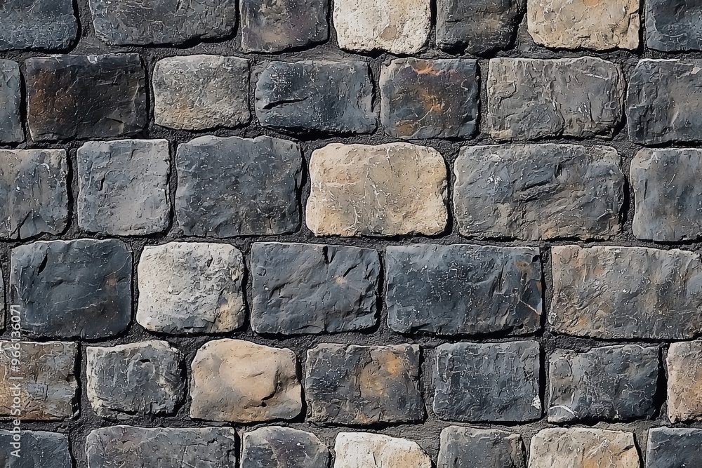 Poster textured stone wall made of various sized dark and light stones arranged in a regular pattern.