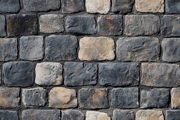 Fototapeta premium Textured stone wall made of various sized dark and light stones arranged in a regular pattern.