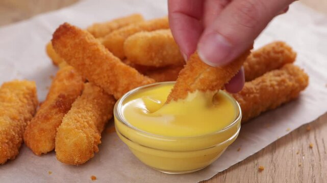 dipping chicken strips in cheese creamy sauce dip in glass bowl.